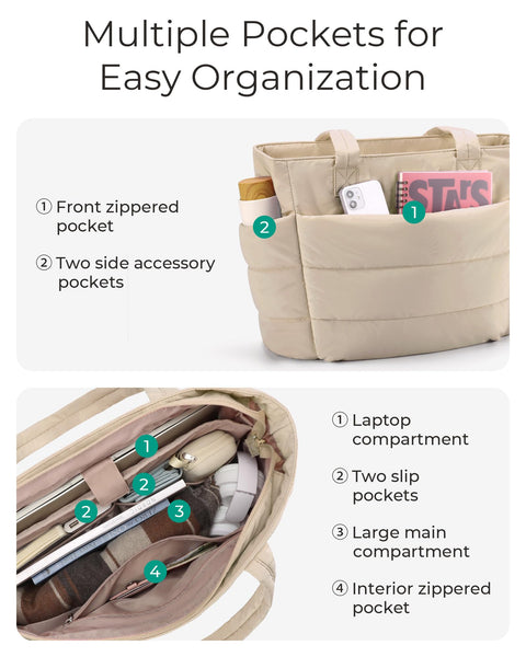 BAGSMART Tote Bag for Women, Lightweight Puffy Tote Bag with Compartments Shoulder Bag Handbag Quilted Shoulder Bag Handbag for Travel, Work, Beach, Gym, Shop(Grayish Brown)