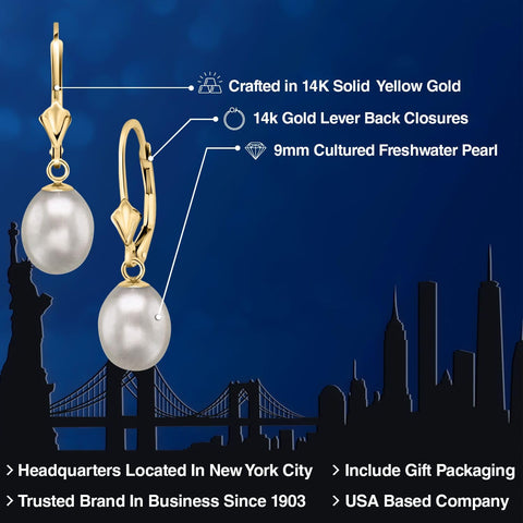 Gem Stone King 14K Gold 9MM Cultured Freshwater Pearl Dangle Earrings For Women | Leverback Gold Drop Earrings | Fine Jewelry Gifts for Her Mom Women Wife