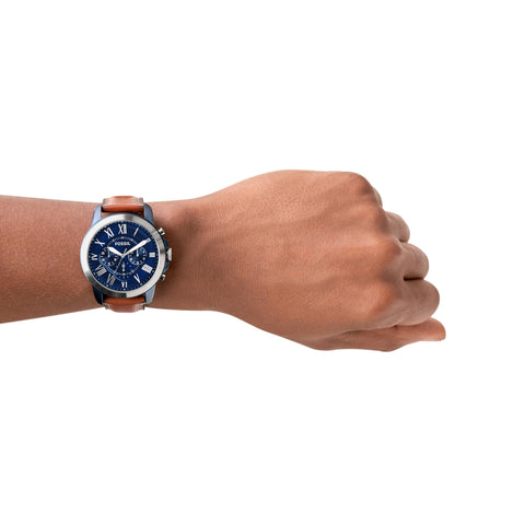 Fossil Men's Grant Quartz Stainless Steel and Leather Chronograph Watch, Color: Silver/Blue, Luggage (Model: FS5151) Fossil