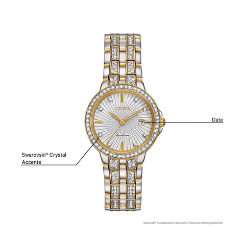 Citizen Women's Eco-Drive Dress Classic Crystal Watch in Gold-tone Stainless Steel, Silver Dial (Model: EW2344-57A) Citizen