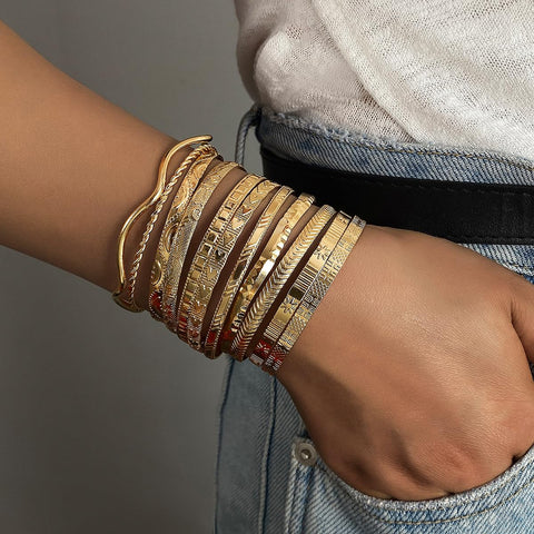 KISS WIFE Golden Bangles for Women, Adjustable Bangle Bracelets, Multi Layer Open Stackable Cuff Bracelet Set, Fashion Accessories Jewelry Gifts for Women (Golden-11)