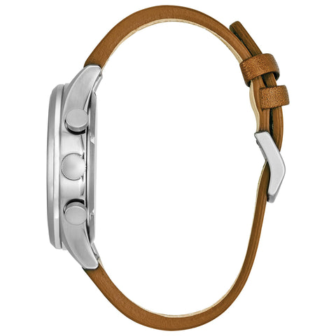 Citizen Men's Eco-Drive Weekender Garrison Chronograph Field Watch in Stainless Steel with Brown Leather strap, Blue Dial (Model: CA0621-05L) Citizen