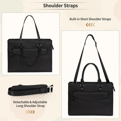 Laptop Tote Bag for Women, 17 Inch Laptop Bag Waterproof Leather Computer Tote Bag, Large Work Bag with USB Charging Port, Womens Laptop Briefcase Business Office Handbag Work Shoulder Bag, Black onemoky