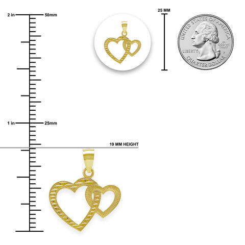 Gold Double Heart Charm - 10 Karat Solid Gold - Heart Pendant - Jewelry