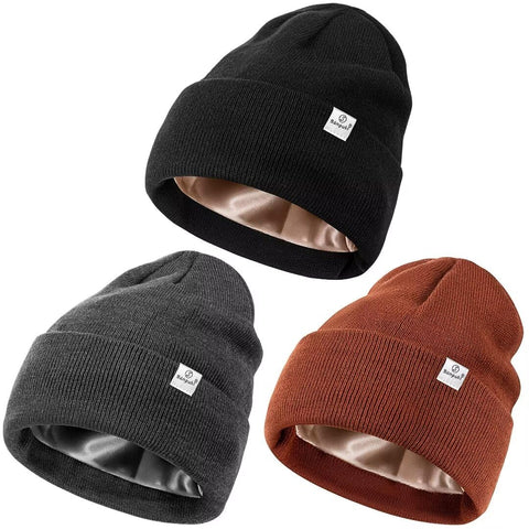 3 Pack Satin Lined Winter Beanie Hats for Women Men,Silk Lined Beanie Knit Soft Warm Cuffed Hat(Black+Dark Gray+Caramel) SENPUKI