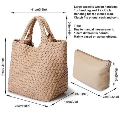 Woven Bag for Women, Vegan Leather Tote Bag Large Summer Beach Travel Handbag and Purse Retro Handmade Shoulder Bag (Apricot) Queenoris