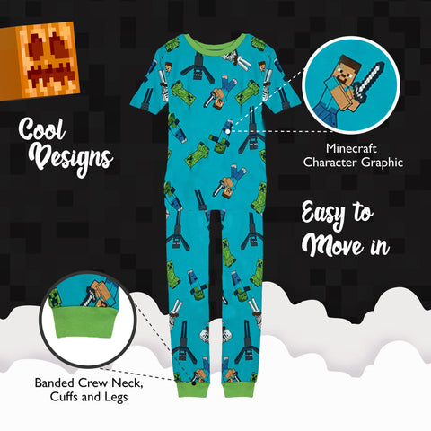 Minecraft Boys 6-piece Snug-fit Cotton Pajama Set, Blue, Green, 8 US