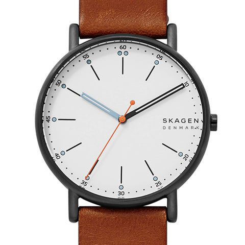 Skagen Men's Signatur Three-Hand Black Stainless Steel and Brown Leather Band Watch (Model: SKW6374) Skagen