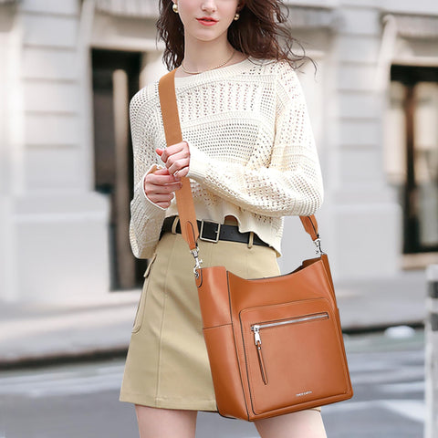 Over Earth Leather Bucket Bags for Women Shoulder Hobo Purse Ladies Tote Bag(O206E Brown) Over Earth