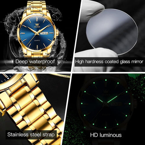 OLEVS Men's Gold Watch,Men Watch Blue Dial Classic Dress Watch with Day Date Satinless Steel Waterproof Fashion Casual Luxury Watch for Man Quartz Simple WristWatches Man,relojes de Hombre OLEVS
