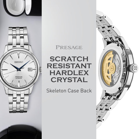 SEIKO SRPB77 Automatic Watch for Men - Presage Cocktail Time - Patterned Silver Dial with Gloss Finish, Date Calendar, 50m Water-Resistant SEIKO
