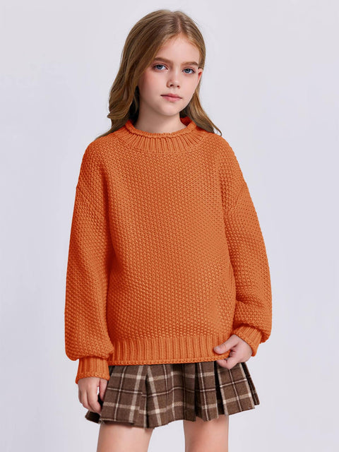 Imily Bela Girls Turtleneck Sweaters Kids Batwing Sleeve Knit Clothes Chunky Pullover Jumper A-Orange