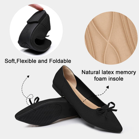 TINGRISE Women's Flats Pointed Toe Bow Knit Ballet Shoes Comfortable Dressy Mesh Slip On Flat Black US8