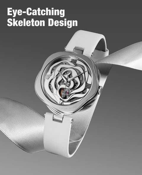 CIGA Design Watches for Women Denmark Rose Series Fashion Automatic Mechanical Skeleton Wrist Watch with Bonus Necklace Gifts (Leather Strap, Mechanical Movement) CIGA Design
