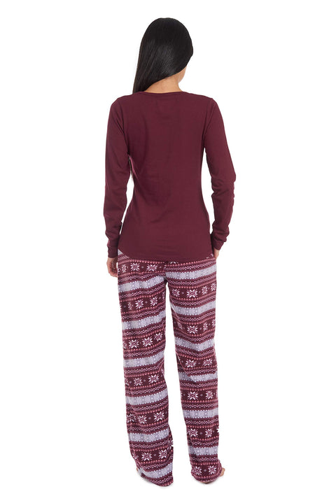 Cherokee Women's Pajama Set Soft Breathable Shirt and Pants, Medium, Wine Fairisle