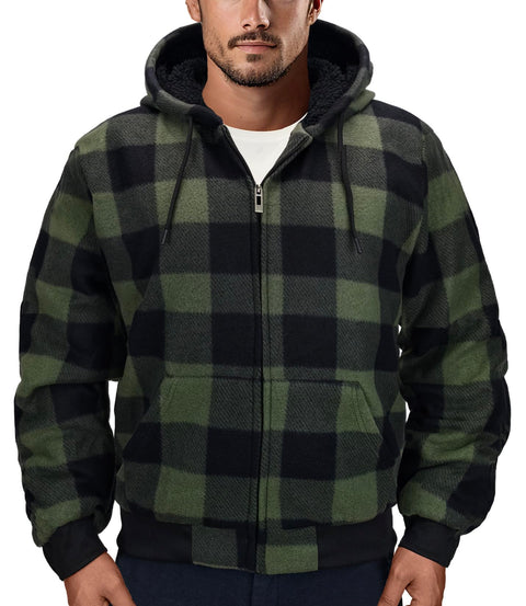 Genafy Mens Green Sherpa Lined Hoodie, Fleece Plaid Sweatshirt Full Zip Work Hoodies for Men Flannel Oversized Winter Heavyweight Men's Warm Fashion Thermal Hooded 5XL
