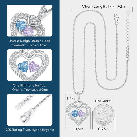 LOUISA SECRET Sparkling Double Heart Birthstone Necklace Gifts for Women, 925 Sterling Silver Fine Jewelry, Pendant Heart Necklace Birthday Anniversary Christmas Gift for Women Wife Mom Girlfriend LOUISA SECRET