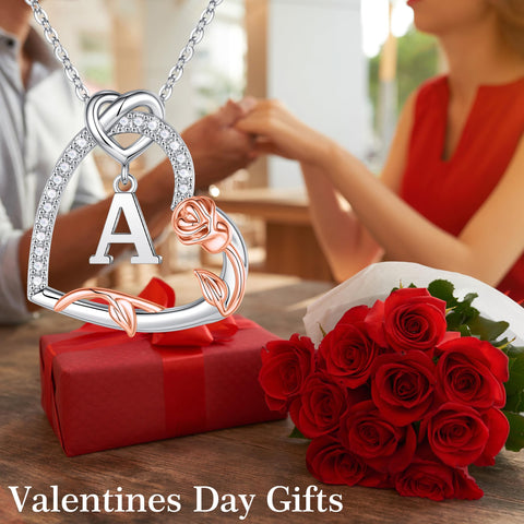 Iefil Gifts for Women Wife, Rose Heart Necklaces for Women, Anniversary Jewelry Gifts for Wife, Sterling Silver, Initial A