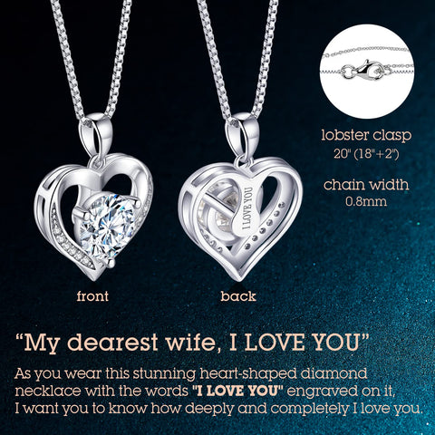 ONLYLIKE Heart Pendant Necklace Gifts for Wife, Engraved 'I LOVE YOU' 1 Carat Moissanite Necklace, Anniversary Eternity Jewelry Present, Birthday Gifts for Women