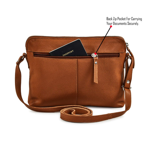 Wise Owl Accessories Small Soft Pebbled Real Leather Crossbody Handbags Purses Triple Zip Premium Sling Crossover Shoulder Bag for Women Gift (Cognac Nappa)