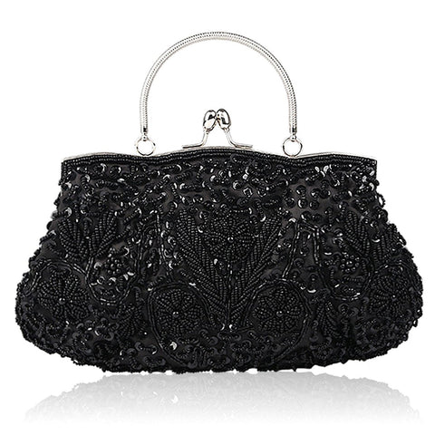 EROUGE Beaded Sequin Design Flower Evening Purse Large Clutch Bag (Black) EROUGE