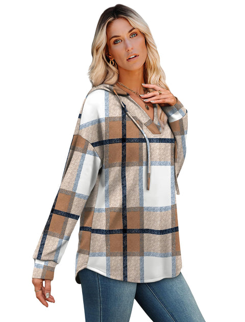 Sampeel Fall Sweatshirts for Women Trendy 2025 Long Sleeve Shirts Pullover Hoodies Sweaters Winter Clothing Flannel Shirt Brown Plaid L