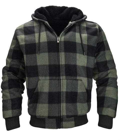 Genafy Mens Green Sherpa Lined Hoodie, Fleece Plaid Sweatshirt Full Zip Work Hoodies for Men Flannel Oversized Winter Heavyweight Men's Warm Fashion Thermal Hooded 5XL