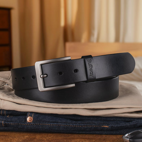 Buffway Men’s Full Grain Leather Belt – Solid One-Piece Leather, 1.5” Wide for Jeans & Business Casual, Gift Box Included - 34” Black