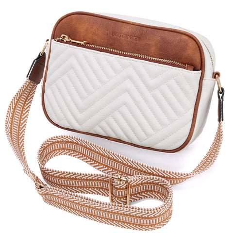 BOSTANTEN Quilted Crossbody Bags for Women Vegan Leather Purses Small Shoulder Handbags with Wide Strap Beige with Brown