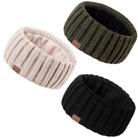 MUTKIS Winter Headbands for Women 3 Pack, Ear Warmers for Women Headband Wool Knit Thick Fleece Lined, Cold Weather Warm Ear Muffs(Black&Beige&Dark Gray) MUTKIS