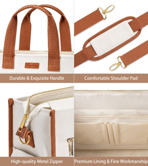 Canvas Tote Bag for Women, 15-Pocket Large Crossbody Purse Shoulder Satchel Handbag Bible Laptop Bag Zipper Bookbag for Teacher Nurse Work Travel College Everyday