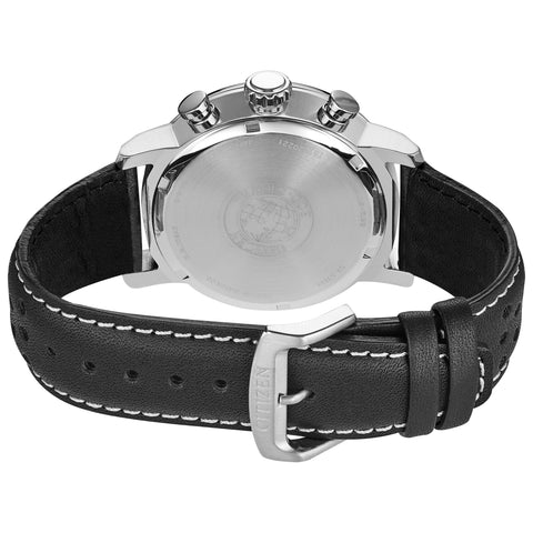 Citizen Men's Eco-Drive Weekender Brycen Chronograph Watch in Stainless Steel, Black Leather strap, Black Dial (Model: CA0649-14E) Citizen