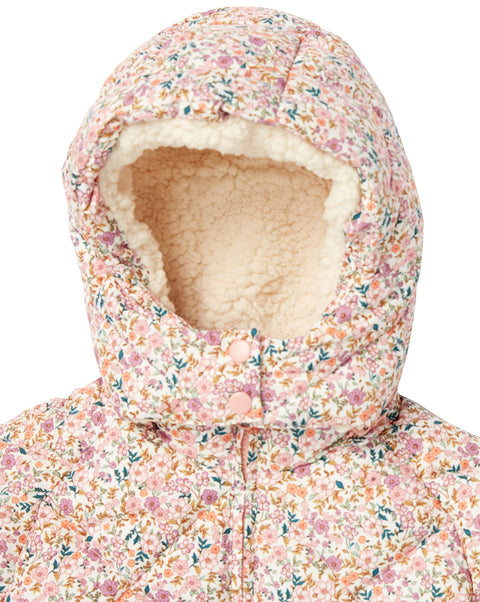 Amazon Essentials Toddler Girls' Long Quilted Cocoon Puffer Coat, Cream Floral, 3T