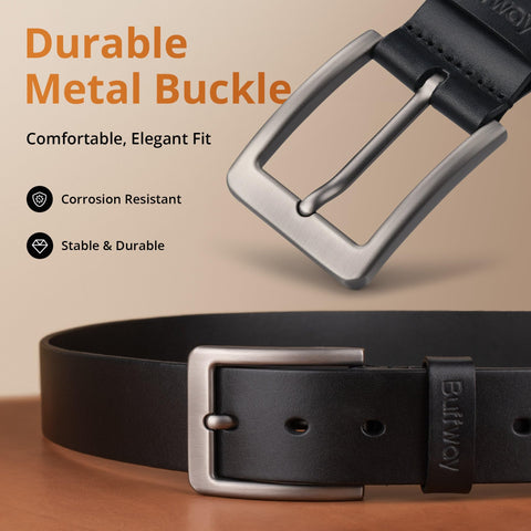 Buffway Men’s Full Grain Leather Belt – Solid One-Piece Leather, 1.5” Wide for Jeans & Business Casual, Gift Box Included - 34” Black