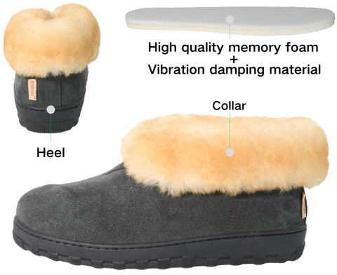 PEDOQU Men's slippers cozy boots suede leather upper sheepskin collar & shearling lined memory foam slip on warm house shoes indoor/uutdoor loafer slipper for men