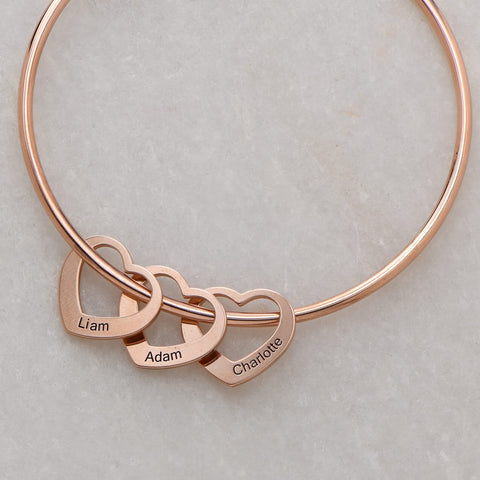 MyNameNecklace MYKA - Personalized Bracelet Bangle with Heart Pendants - Custom Made Multiple Pendant Jewelry Wife Women Christmas Gift (Rose Gold Plated Sterling Silver) MyNameNecklace