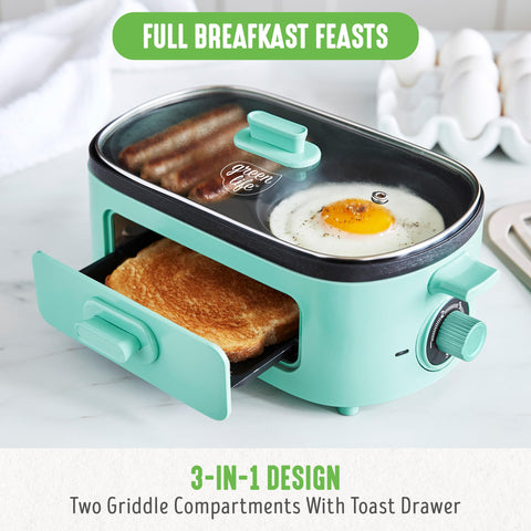 GreenLife 3-in-1 Breakfast Station, Ceramic Nonstick PFAS-Free Dual Griddles for Eggs Meat Pancakes & Sandwiches + 2-Slice Toast Drawer, Healthy Cooking, Timer, Versatile Morning Meal Maker, Turquoise GreenLife