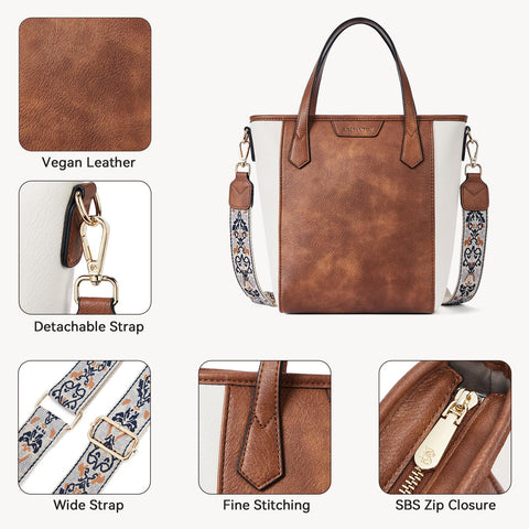 BOSTANTEN Crossbody Tote Bag Small Bucket Bag Vegan Leather Handbag Purses for Women Guitar Strap, Beige and Brown BOSTANTEN