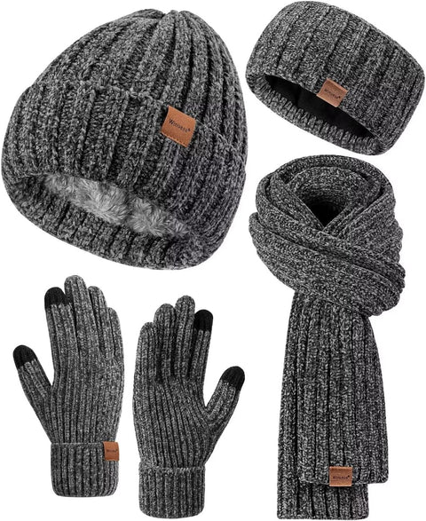 Women Beanie Scarf Gloves Headband Set for Winter, Chenille Beanie Hats Ear Warmer with Fleece Lined Knit Scarf Touchscreen Gloves, Fashion 4 in 1 Warm Xmas Gift Set for Cold Weather-Gray Winuesa