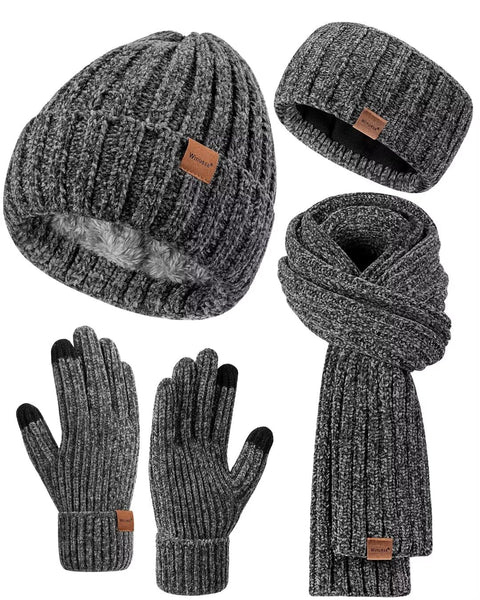 Women Beanie Scarf Gloves Headband Set for Winter, Chenille Beanie Hats Ear Warmer with Fleece Lined Knit Scarf Touchscreen Gloves, Fashion 4 in 1 Warm Xmas Gift Set for Cold Weather-Gray Winuesa