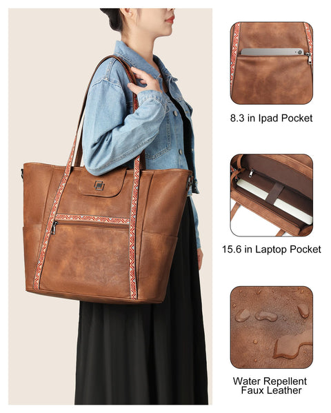 FADEON Large Laptop Tote Bag for Women Designer Leather Laptop Bag Fashion Travel Backpack Purse Shoulder Handbag Brown FADEON