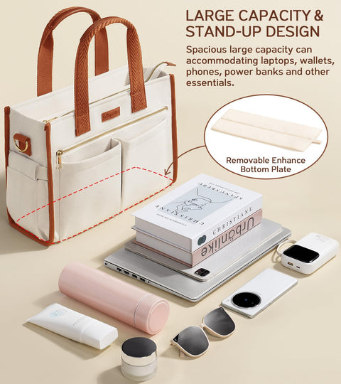 Canvas Tote Bag for Women, 15-Pocket Large Crossbody Purse Shoulder Satchel Handbag Bible Laptop Bag Zipper Bookbag for Teacher Nurse Work Travel College Everyday