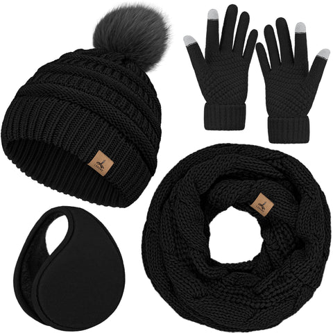 Winter Hat Scarf Gloves and Ear Warmer, Warm Knit Beanie Hat Touch Screen Gloves Set Winter Gifts Neck Scarves for Women