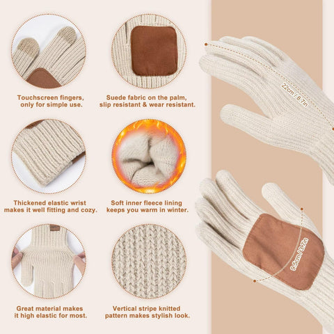 Womens Fleece Lined Winter Hat, Scarf and Glove Set - With Pom Pom Beanie, Long Scarf and Touchscreen Gloves (Oatmeal) FISFET