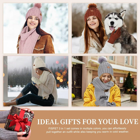 Womens Fleece Lined Winter Hat, Scarf and Glove Set - With Pom Pom Beanie, Long Scarf and Touchscreen Gloves (Oatmeal) FISFET