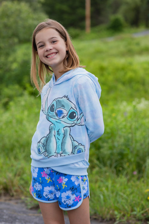 Disney Lilo & Stitch Big Girls French Terry Pullover Crossover Hoodie Tie Dye Blue 10-12