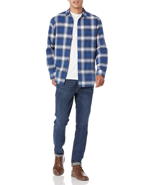 Amazon Essentials Men's Long-Sleeve Flannel Shirt (Available in Big & Tall), Blue White Large Plaid, X-Large