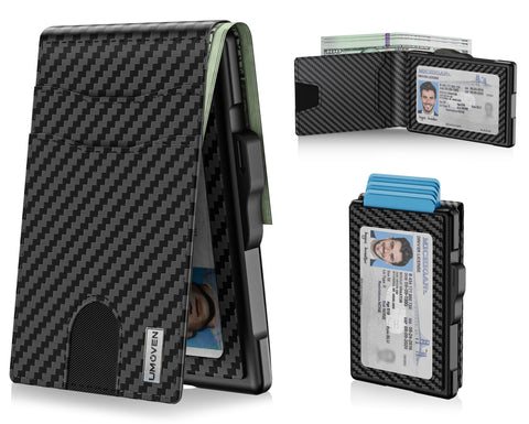 umoven Wallet for Men - Pop Up Case, Cash Slot, and Credit Card Slot - Slim Aluminum Wallet with RFID Blocking, Minimalist Leather Wallet Front Pocket with ID Window (Carbon Fiber) umoven