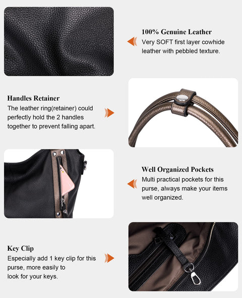 Over Earth Genuine Leather Handbags for Women Hobo Shoulder Bag Ladies Leather Tote Bag(O172E Black/Bronze) Over Earth