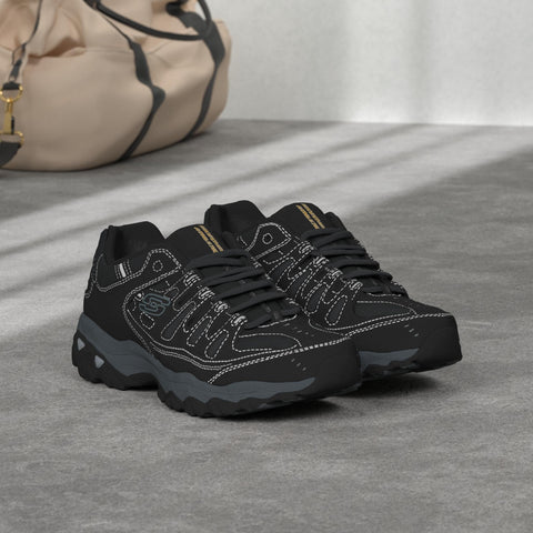 Skechers Men's Afterburn M. Fit Fashion Sneakers – Leather Upper, Memory Foam Insole, Rubber Outsole, Black/Charcoal, 10.5 X-Wide